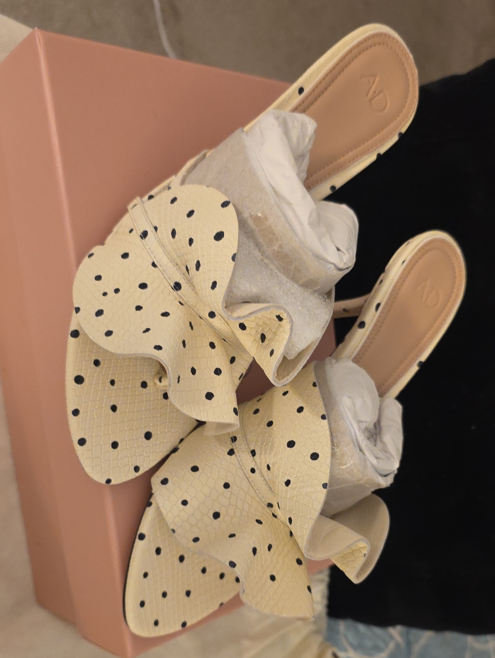 Cream Polka Dot Ruffle Slide Mules